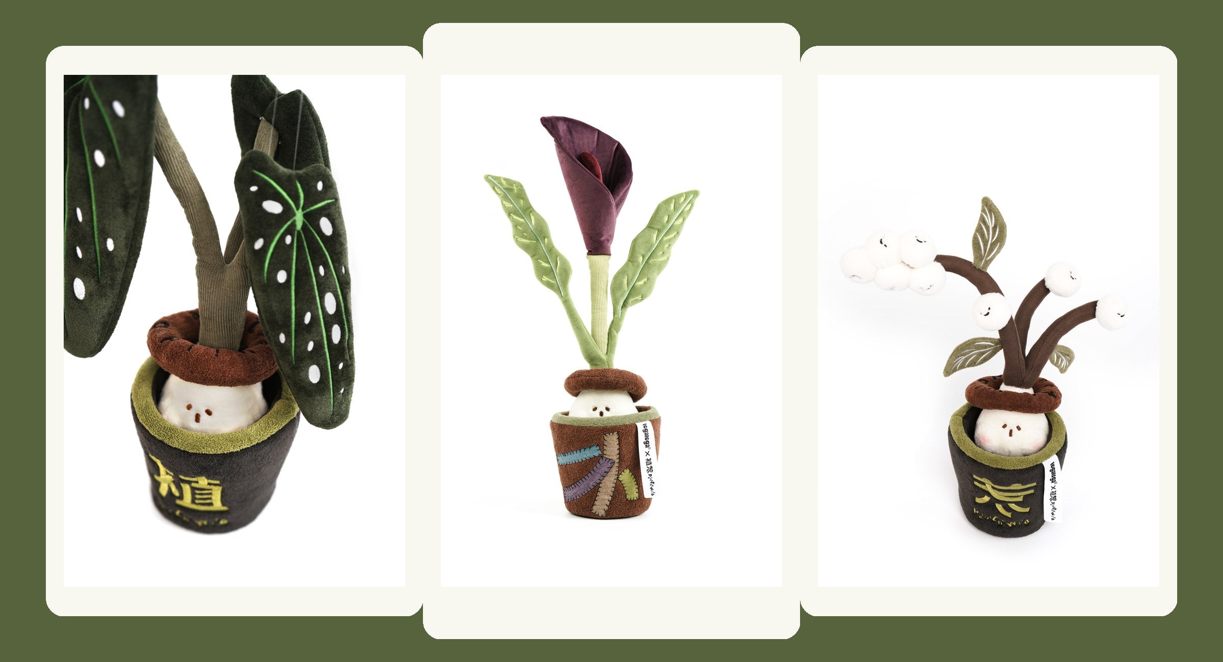 Cute cactus and succulent plant plush toys in a cozy room