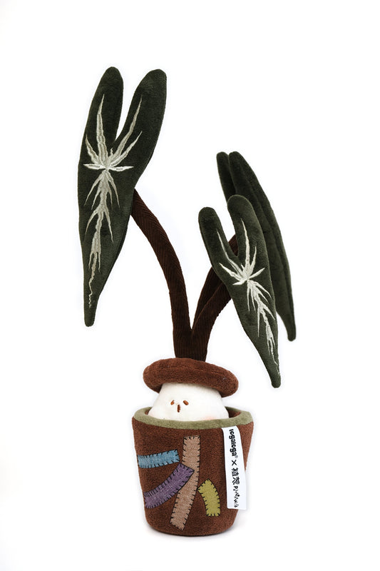 Black velvet alocasia plush plant in embroidered pot